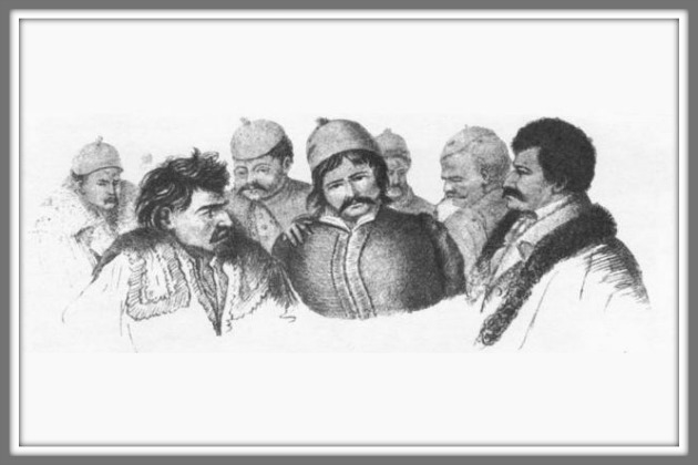 Ηττημένοι επαναστάτες της Μολδοβλαχίας στην αυτοεξορία. Σκίτσο εκ του φυσικού, δημοσιευμένο σε ελβετική έκδοση της εποχής (1828)